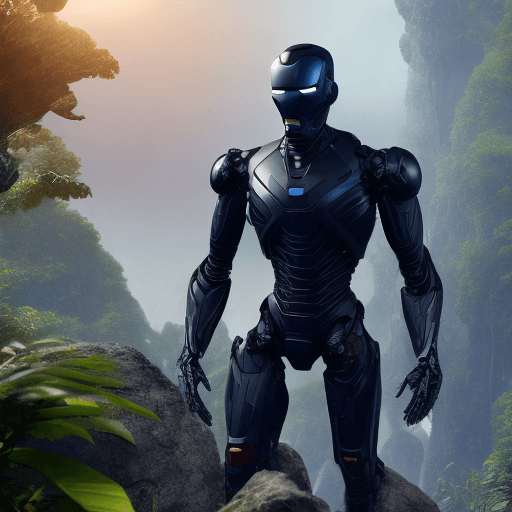AI generated: Coal-black matte Mechanical suit, slim fit to tall human body. Few individual parts. Helmet shaped a...