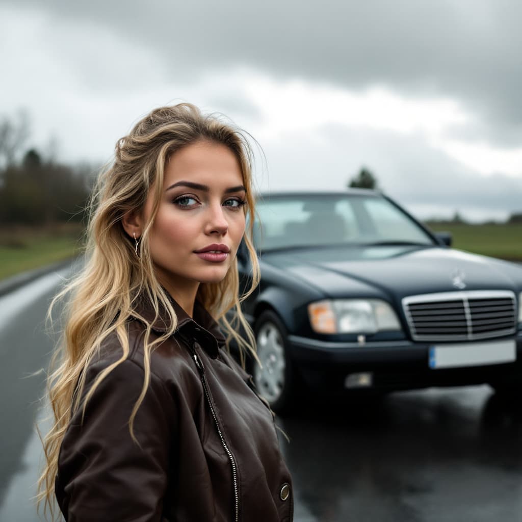 AI generated: Create a stock photo of a black Mercedes 500e in a cloudy, rainy weather with a beautiful blonde wom...