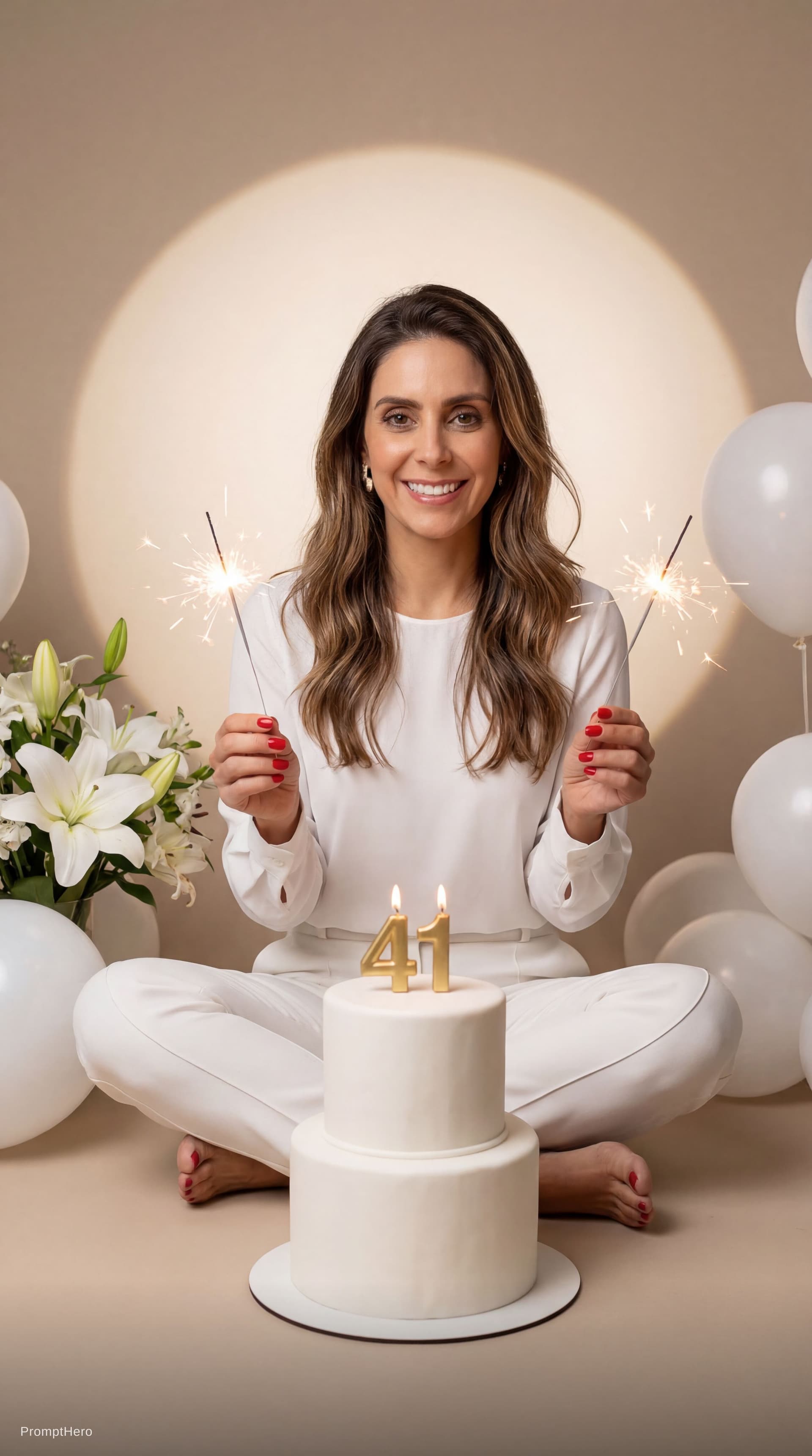 AI generated: Ultra realistic elegant birthday portrait photoshoot of a woman celebrating her 41st birthday, minim...