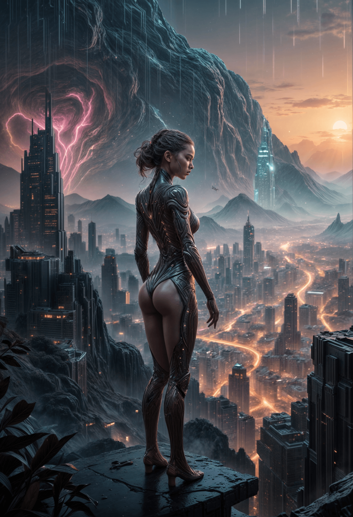 AI generated: A futuristic cityscape with a woman in a sleek, robotic suit standing on a cliff overlooking the cit...