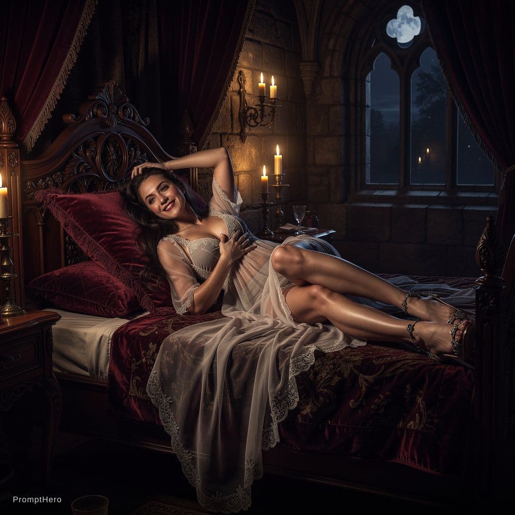 AI generated: A young vampire (approximately 22 years old, 160 cm tall) lies in bed in a bedroom of a vampire cast...