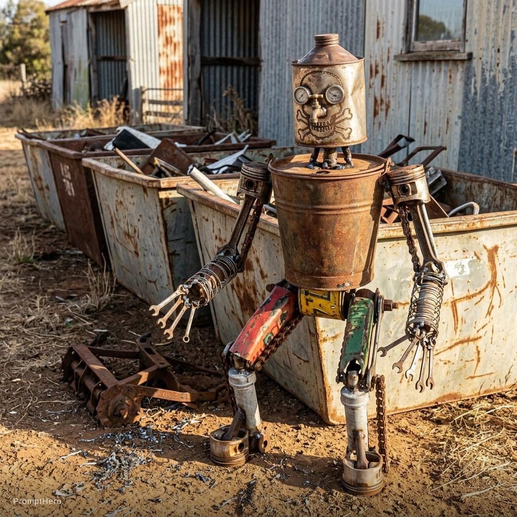 AI generated: a robot made from scrap metal you would find around a small country town in skips etc 
