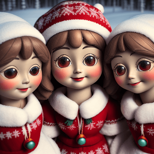 AI generated: Lapland Christmas, a close up of a three cute smiling Sami blythe dolls big eyes, smiling, wearing t...
