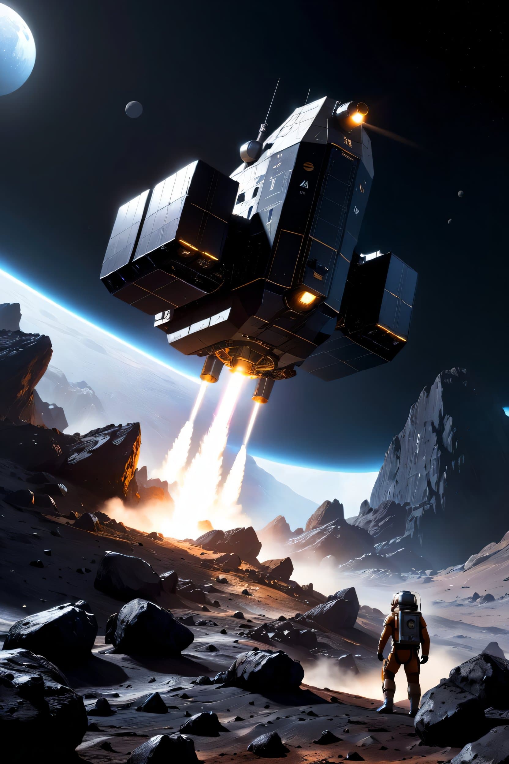 AI generated: Spacecraft landing on rocky asteroid surface, sci-fi concept art, digital painting, dark and moody l...