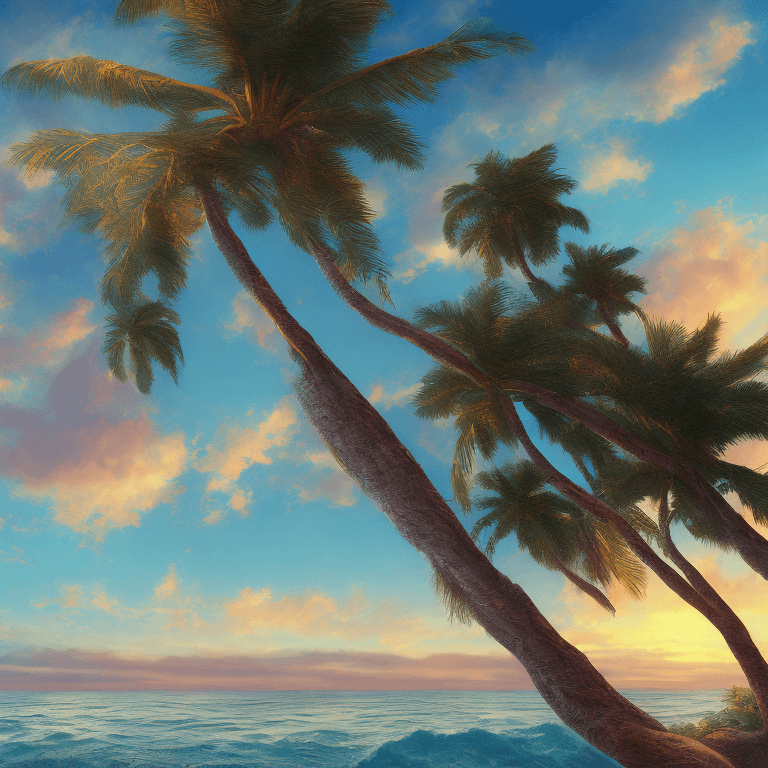 AI generated: (masterpiece , award winning , highest quality:1. 2), palm tree , sunset , ocean , graphic color log...
