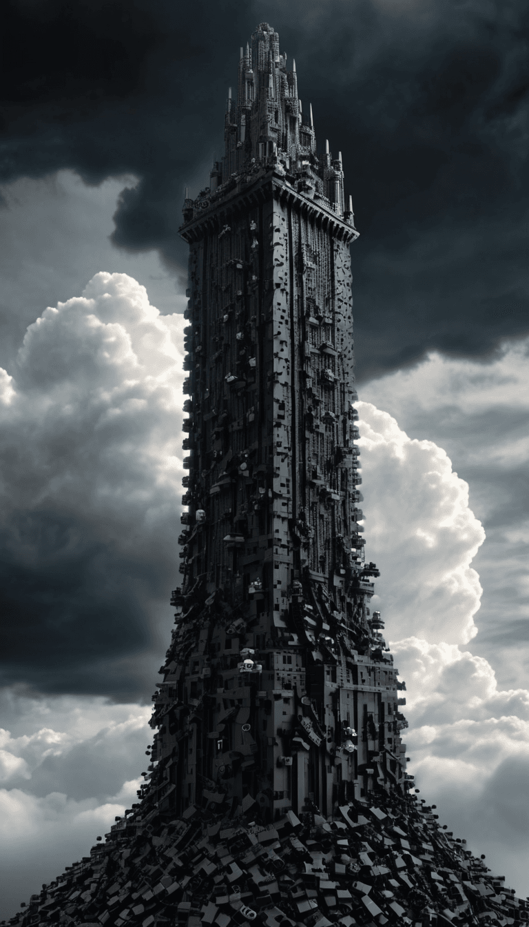 AI generated: digital art, a dark tower made from lego blocks reaching into the clouds, ominous, gloomy, dystopian...