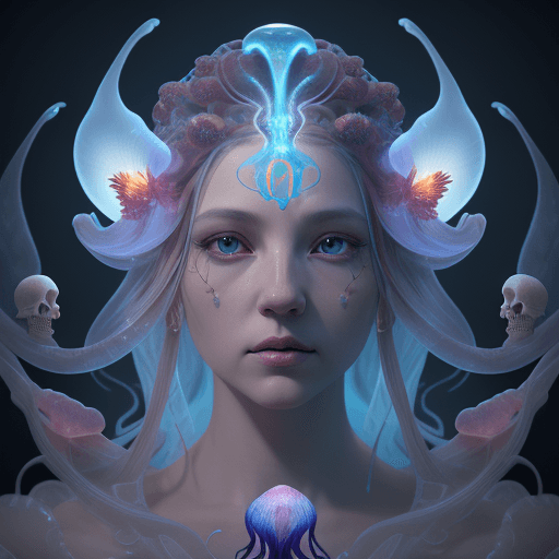 AI generated: Goddess close-up portrait ribcagel. jellyfish phoenix head, nautilus, orchid, skull, betta fish, bio...