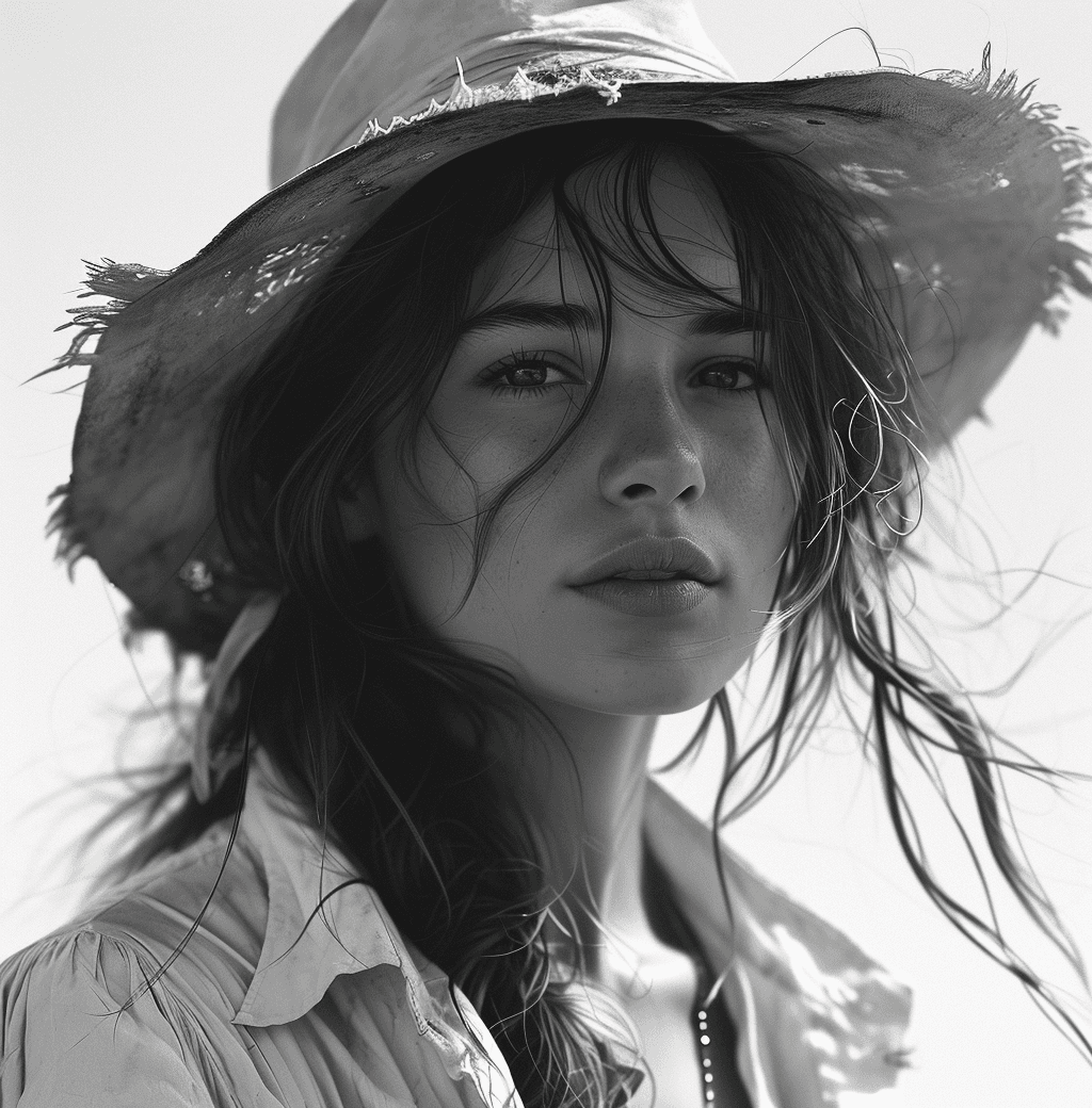 AI generated: illustration of a girl in a hat with long hair, in the style of highly detailed realism, airbrush ar...