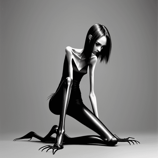 AI generated: very skinny slender girl, with long curved claws, skinny legs and long skinny calves in high heels a...