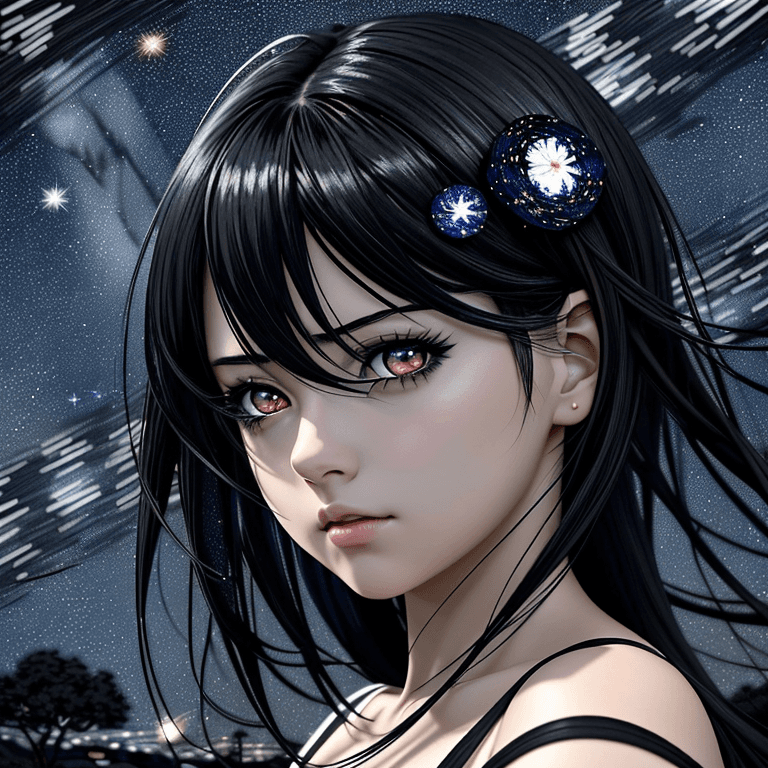 AI generated: The image is a scene from an anime with a starry night background, showing a close-up of a girl with...