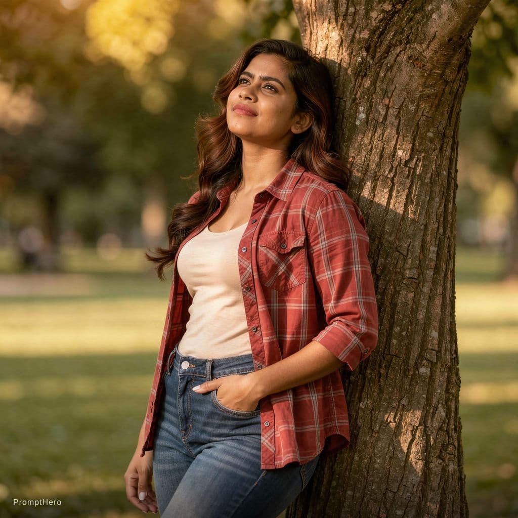 AI generated: A fit adult woman leans against a tree in a lush green park. She is wearing a black lace bra over bl...