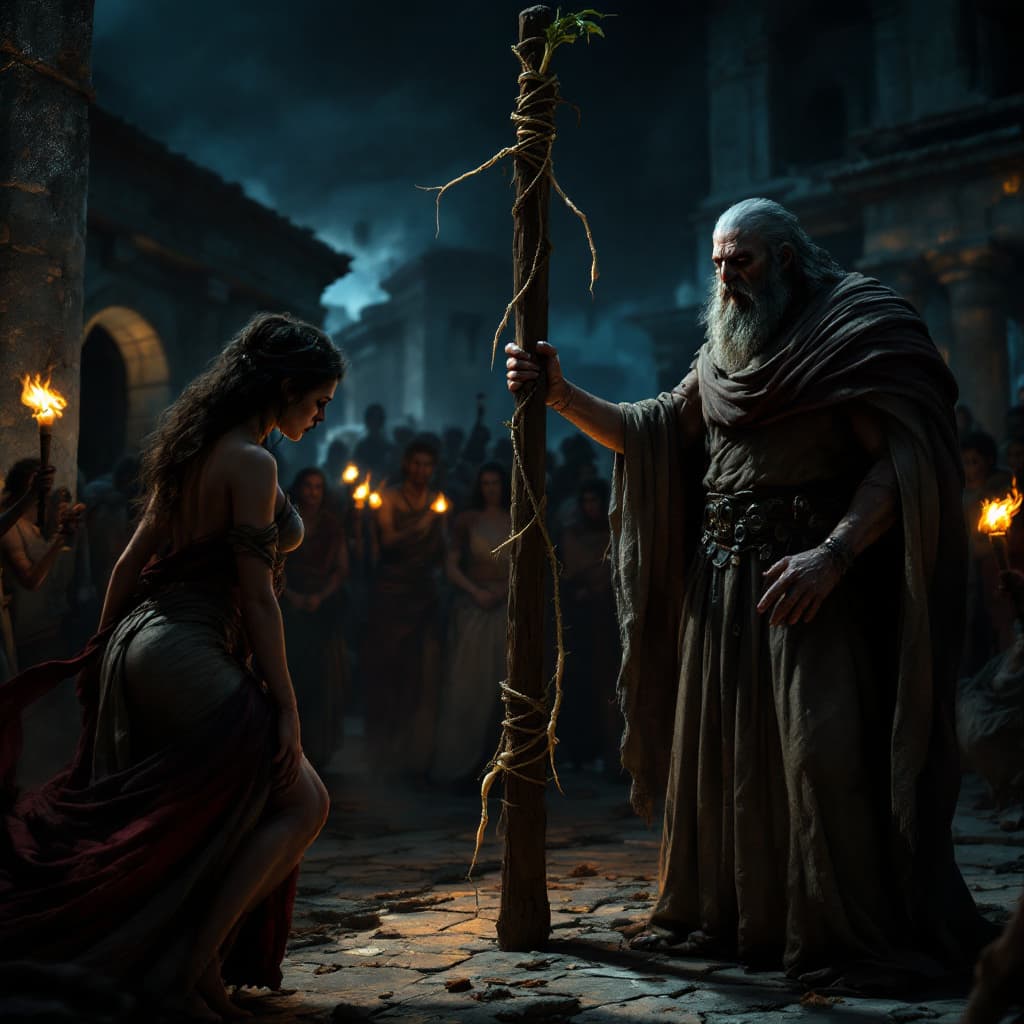 AI generated: 
"Ancient Greek city at night, a woman tied to a wooden pole, a grim ancient Greek judge holding a s...