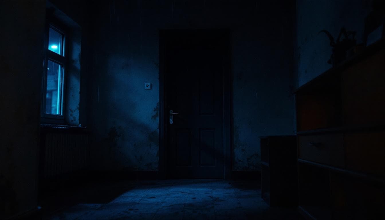 AI generated: Cinematic, ultra-realistic photograph of a small Berlin apartment interior at night. Very low, moody...