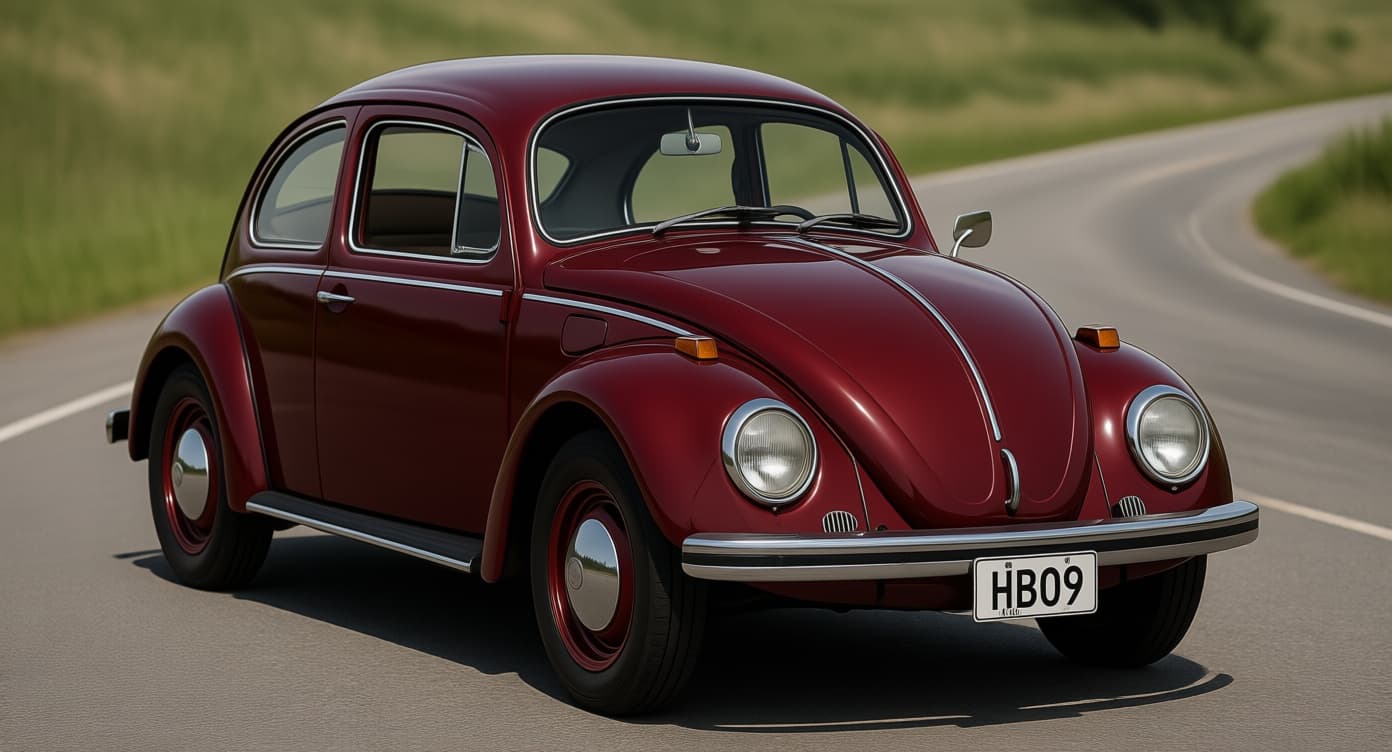 AI generated: A classic burgundy Beetle on the road

With the discreet and very small "HB09" watermark on the li...