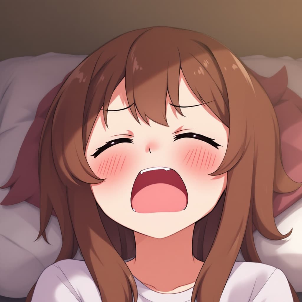 AI generated: waifu with brown hair, moaning anime, crossed-eyed, pleasured face, opened eyes
