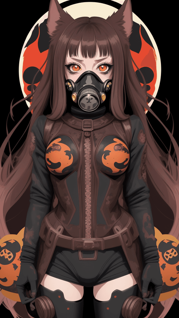 AI generated: complex background portrait of little bestial woman. Wearing a gas mask. Prominent eyes, complex bac...
