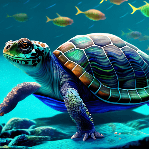 AI generated: masterpiece, highly detailed psychedelicturtle with intricate designs all over its body swimming in ...