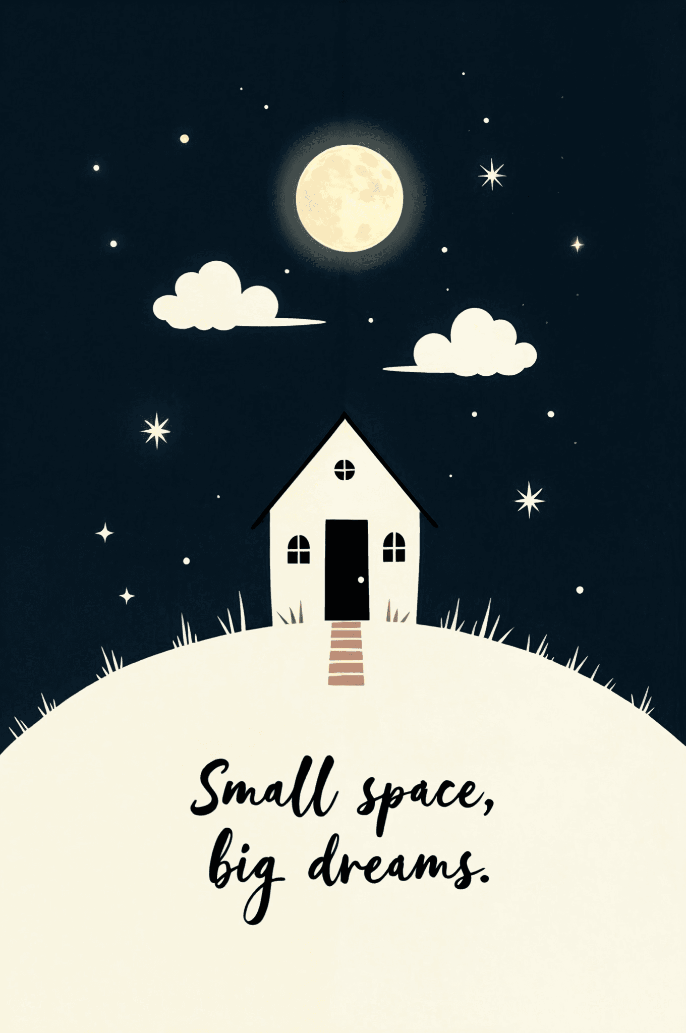 AI generated: A minimalist illustration of a tiny white house on a hill with a black door and windows. There's a w...