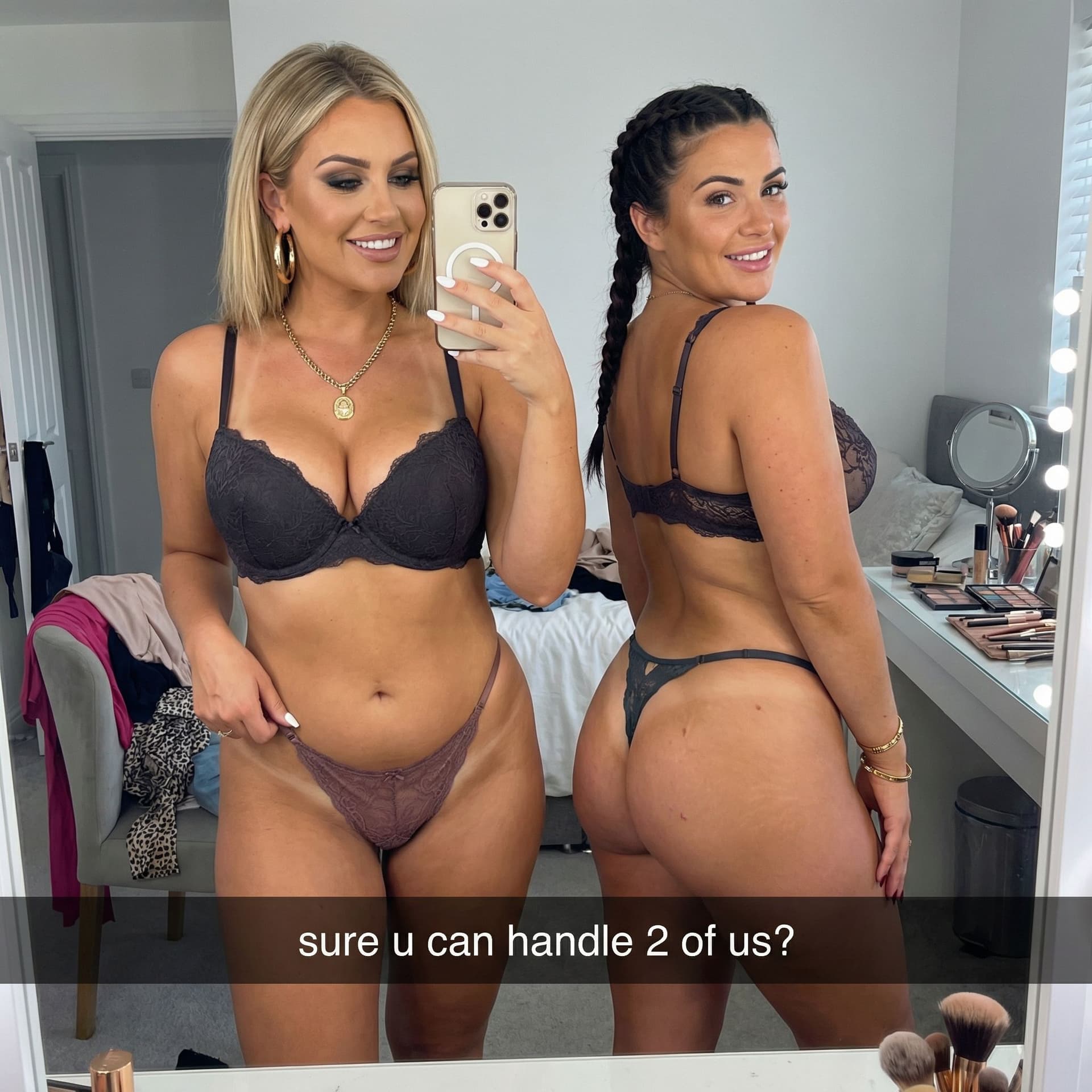 AI generated: Two 29 year old chubby women with exceptionally busty and curvy figures take a mirror selfie in a mo...