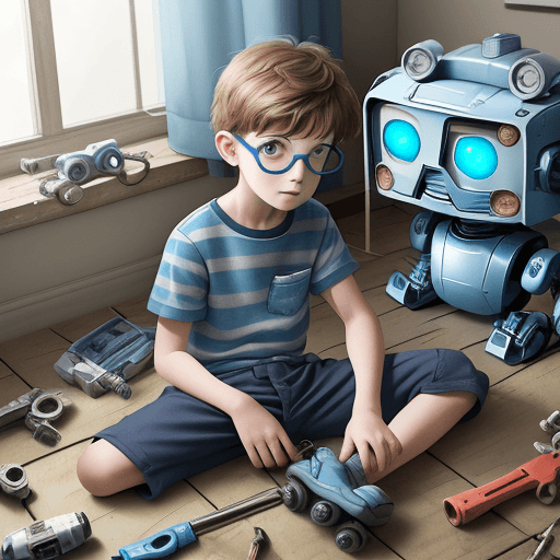 AI generated: Children's book style illustration, watercolor technique, a little boy wearing round glasses, dark b...