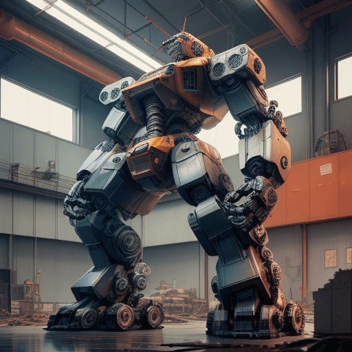 AI generated: giant robot manufacture, (cutaway view:1.2) of mechanical torso, microchip, wire, computer,  mechani...