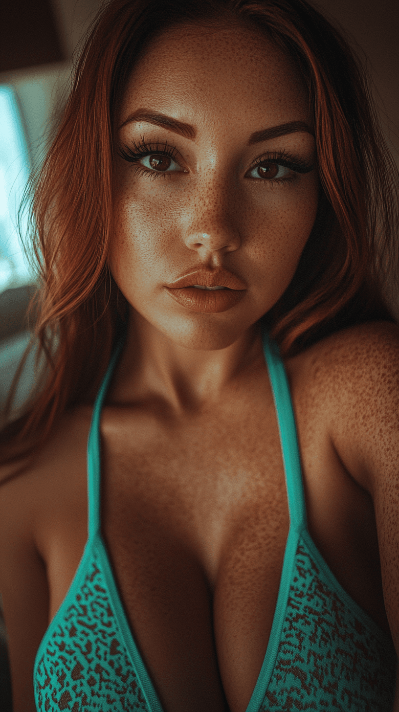 AI generated: a cinematic photo of an extremely tanned red woman, close up, wearing a turquoise halter neck bodyco...