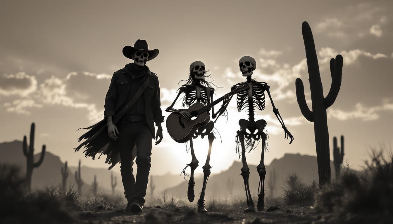 AI generated: Hola, quiero la siguiente imagen: Un hombre junto a dos calaveras caminando de espaldas en el desier...