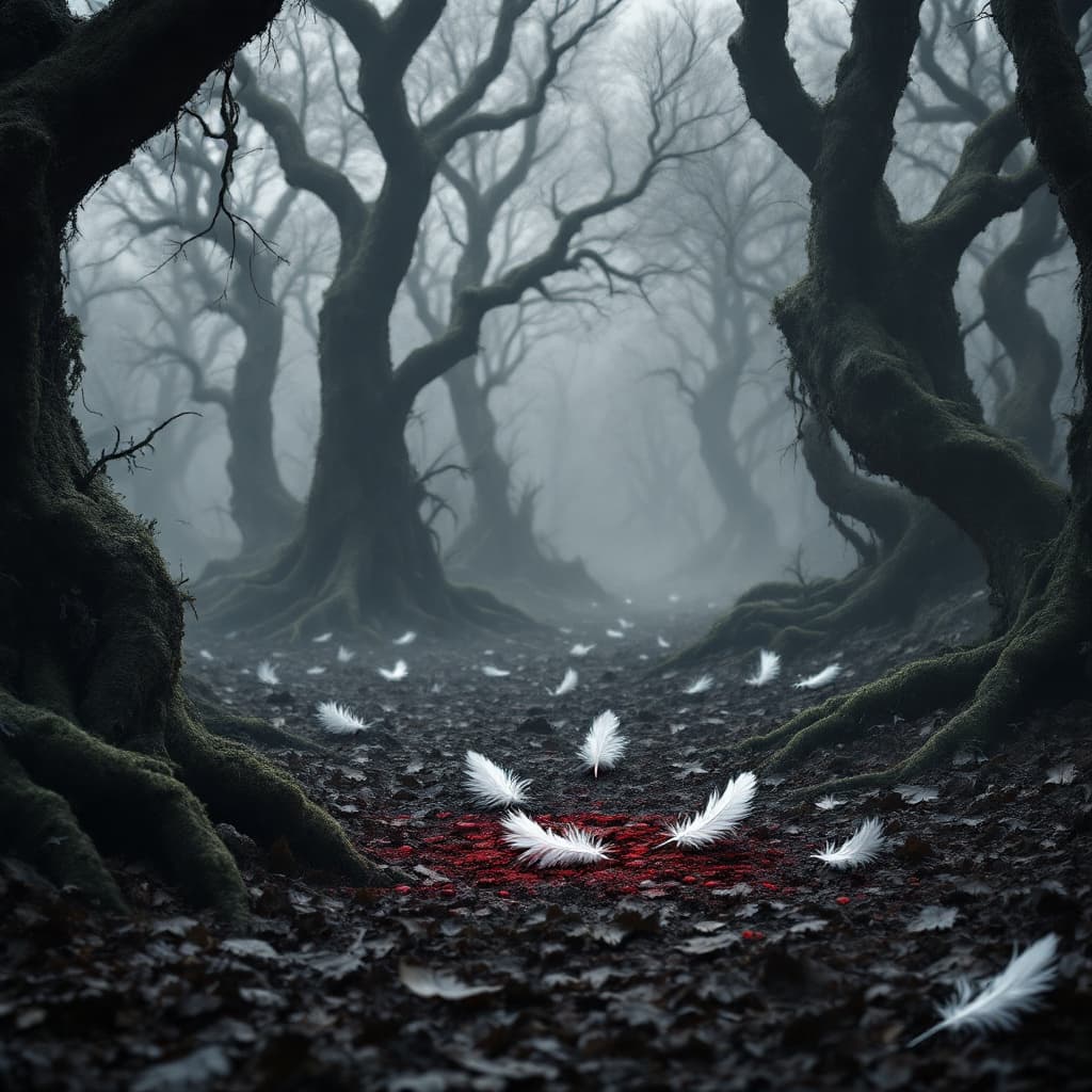 AI generated: Scene: A grayscale forest clearing in ancient Britain, surrounded by twisted, moss-covered trees and...
