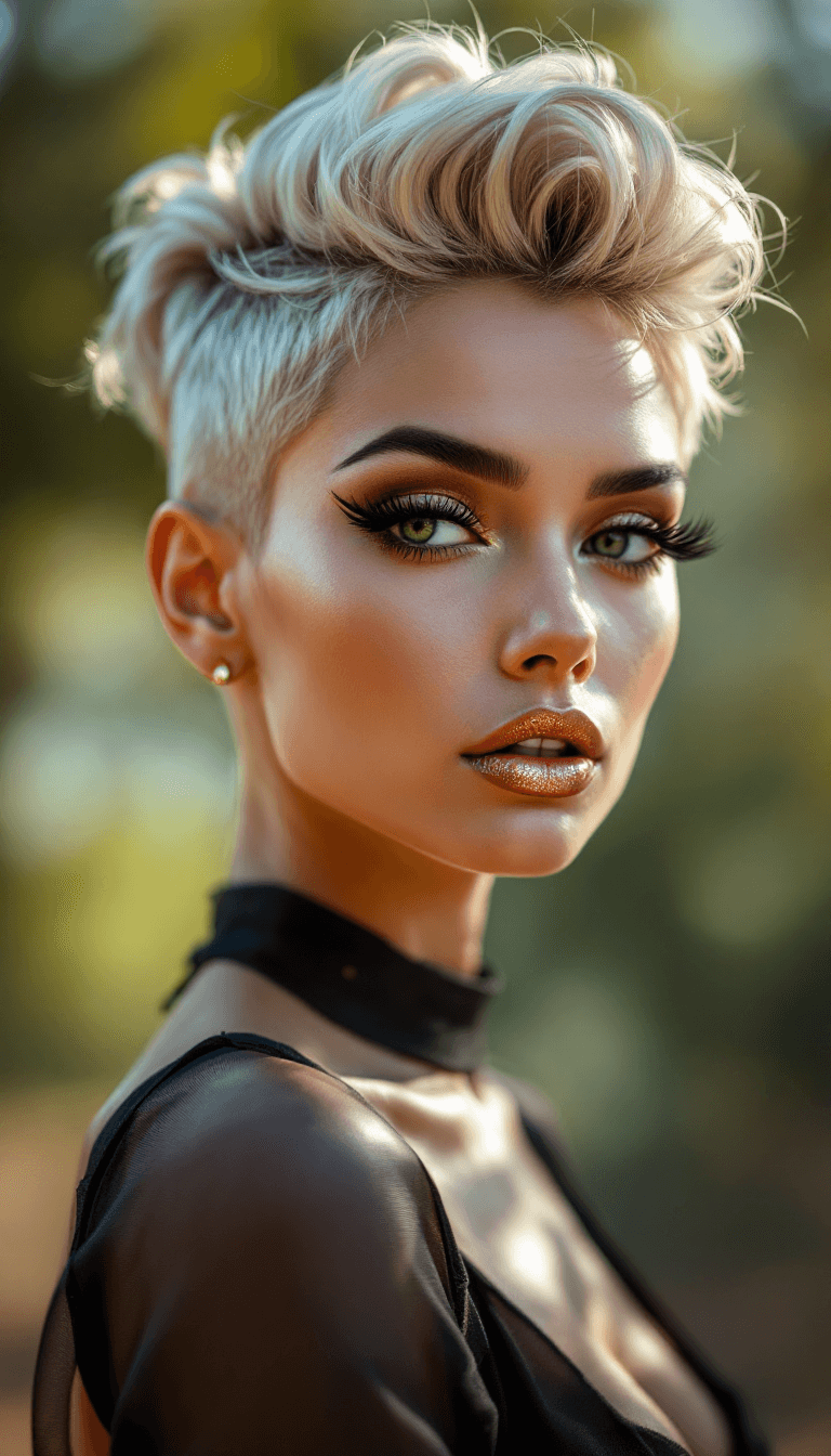 AI generated: a beautiful model with an avant-garde wavy haircut, she is looking into the camera, winged eyeliner,...