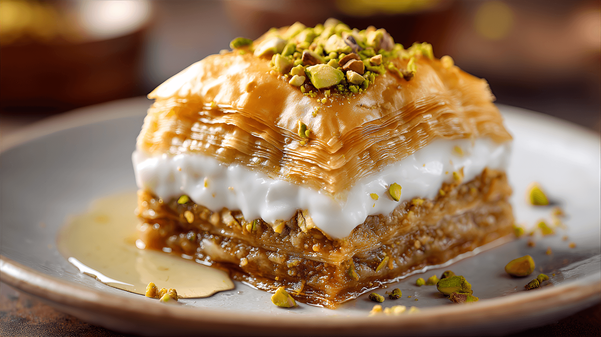 AI generated: slice of baklava, displayed on a plate.  The baklava is layered with flaky, golden-brown phyllo doug...