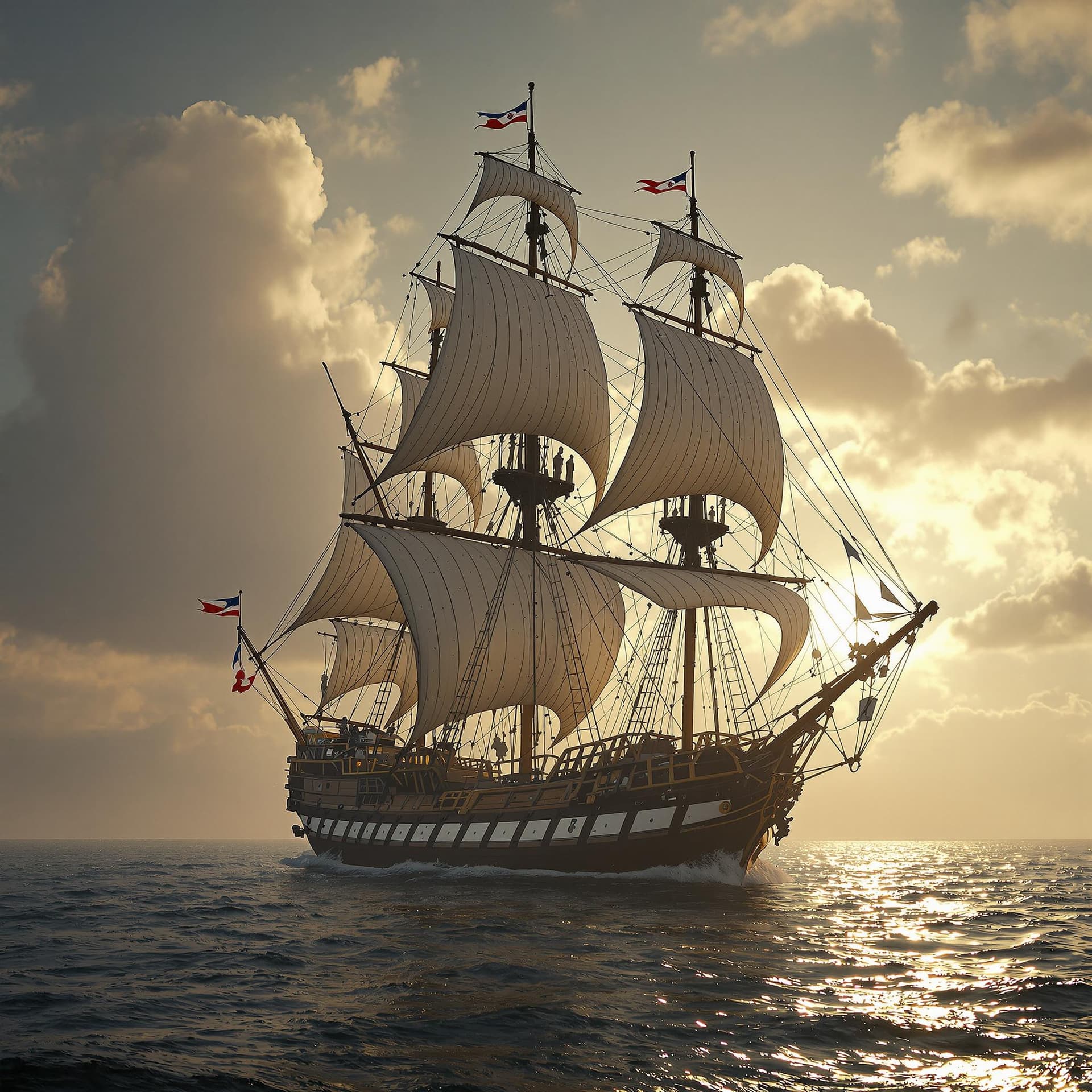 AI generated: Photo of a ultra realistic sailing ship, dramatic light, pale sunrise, cinematic lighting, battered,...