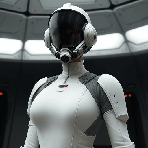AI generated: armed female figure in a white sci-fi suit (tight jumpsuit), at the spaceport, against the backgroun...