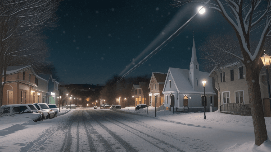 AI generated: street corner, small town, snowy street, church in the background, houses of different colors on bot...