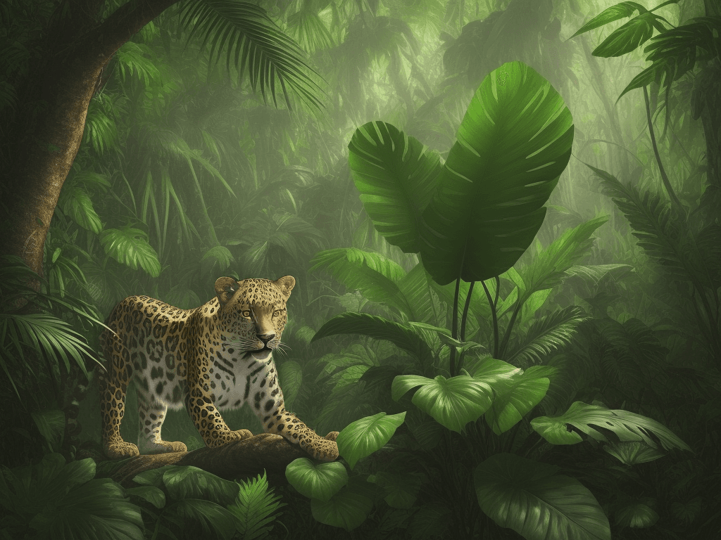 AI generated: A beautiful tropical forest full of vegetation, you can see a leopard peeking through the large leav...