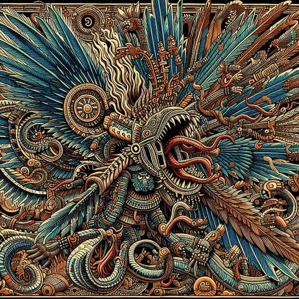 AI generated: This aztec codex tells the story of a monster with tentacles and feathers emanating from his body li...