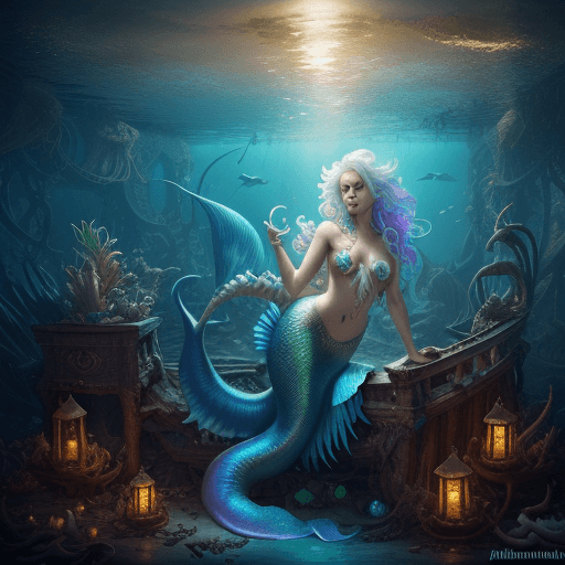 AI generated: An beautiful exotic Mermaid exploring a ship wreck full of gold, billowy tail and hair, iridescent c...