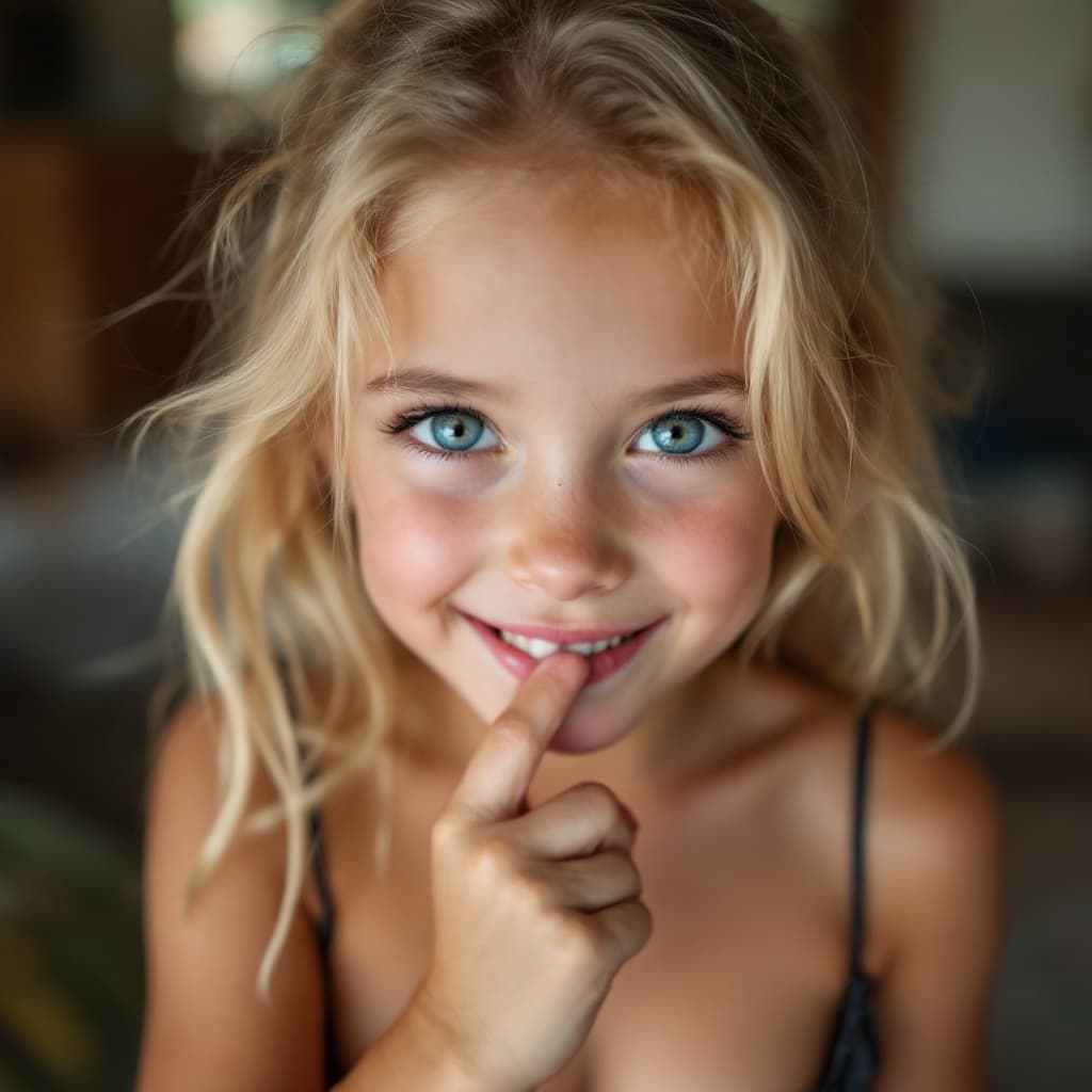 AI generated: Cute blonde girl with big eyes, with a mischievous smile with her finger in her mouth, wearing a low...