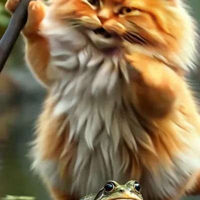 AI generated video: Cat with the stick beats the frog 4 times, static camera, subtle, frog turns upside down in last 