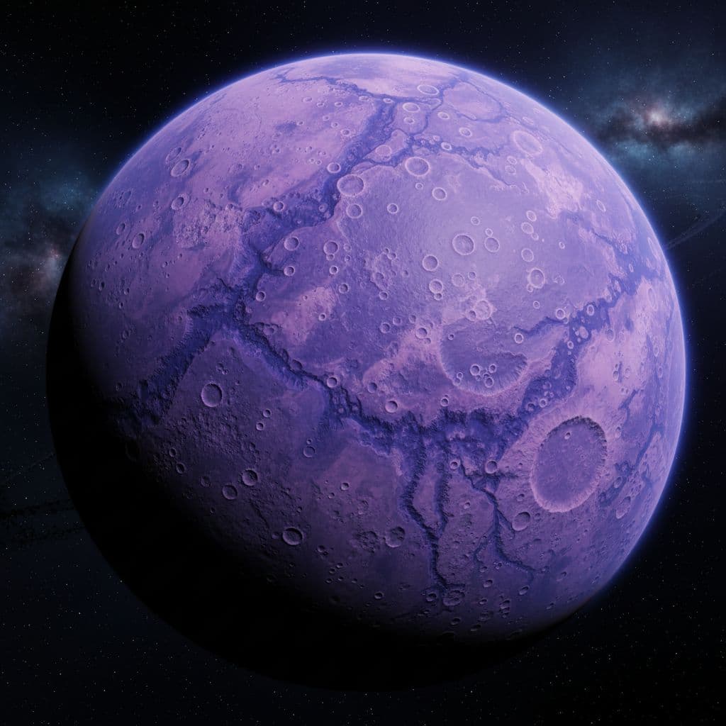 AI generated: a Purple Planet with lots of craters and canyons 