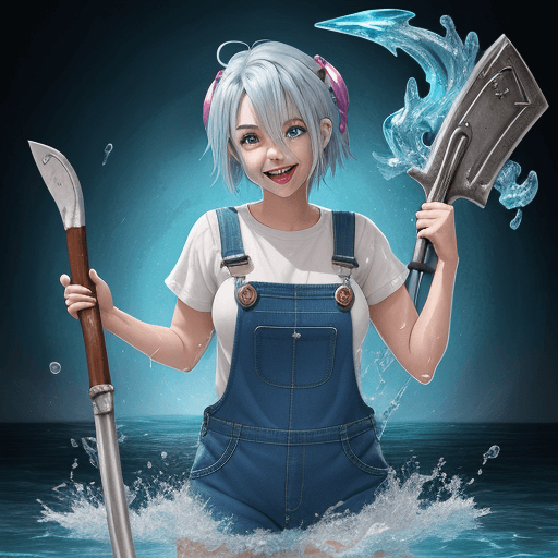 AI generated: a woman that is standing in the water, an axe elemental, blue overalls, cheerful colors, girl silver...