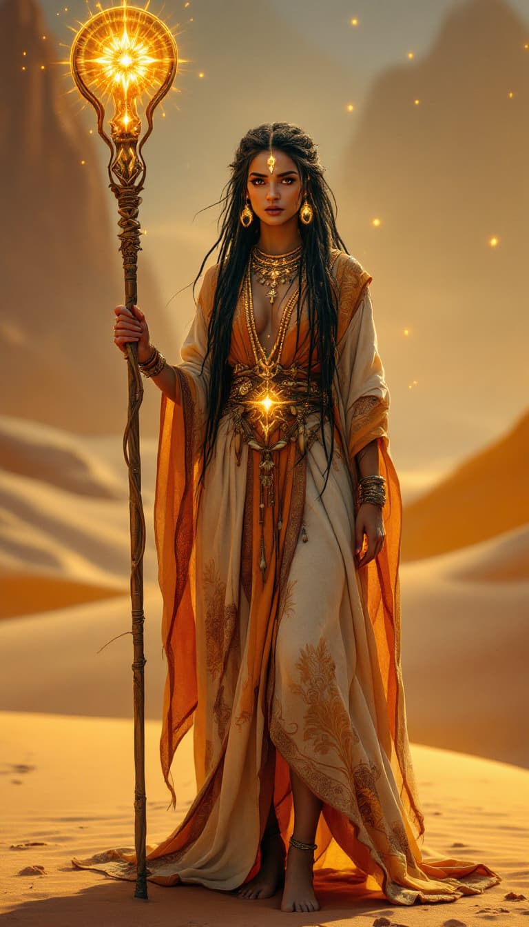 AI generated: An ultra-realistic, full-body view of a mesmerizing desert prophetess woman, radiating ancient wisdo...