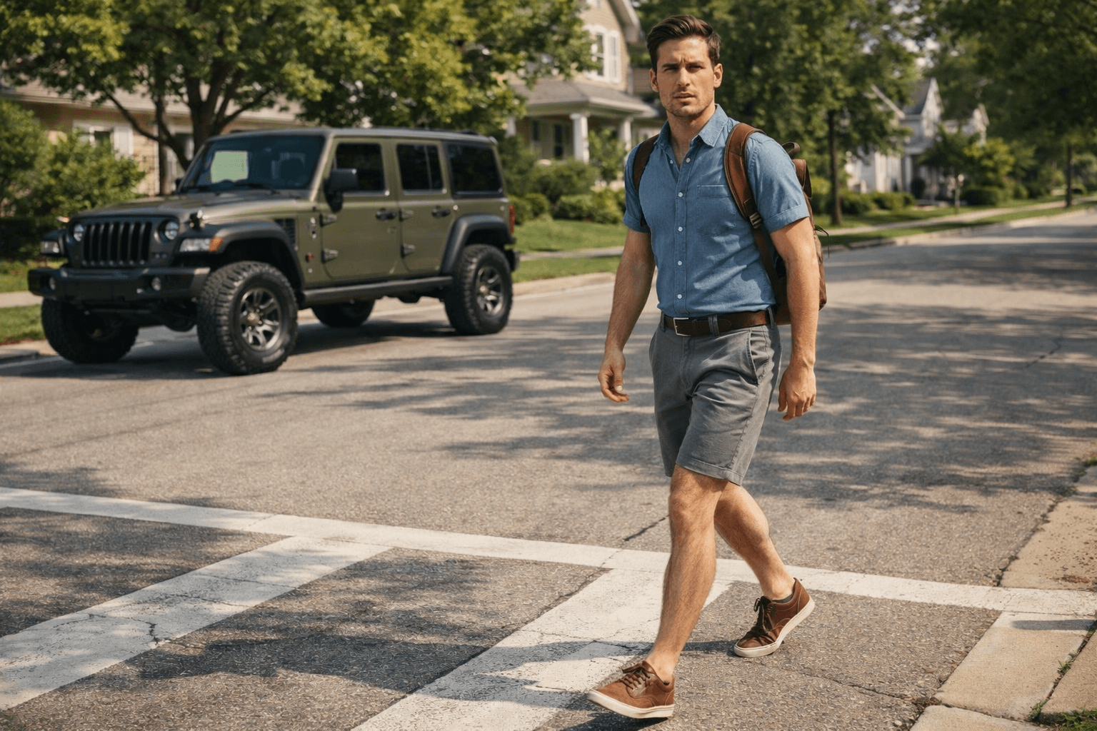 AI generated: In a sunny morning at a nice neighborhood. There's a green olive jeep with 4 doors dark windows and ...