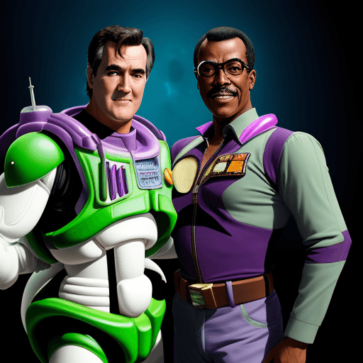 AI generated: BRUCE CAMPBELL AS BUZZ LIGHTYEAR VS EDDIE MURPHY IN A BLACK SUIT BUZZ LIGHTYEAR COSTUME
