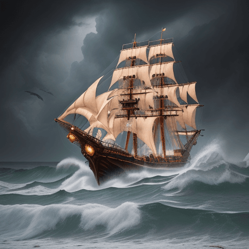 AI generated: In the throes of a fierce storm, a pirate ship graced with intricate carvings and gleaming shackles ...