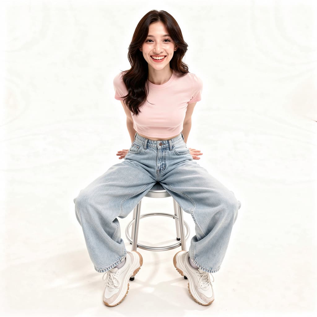 AI generated: A highly detailed, photorealistic, cinematic high-angle full-body studio shot of a cute and stylish ...