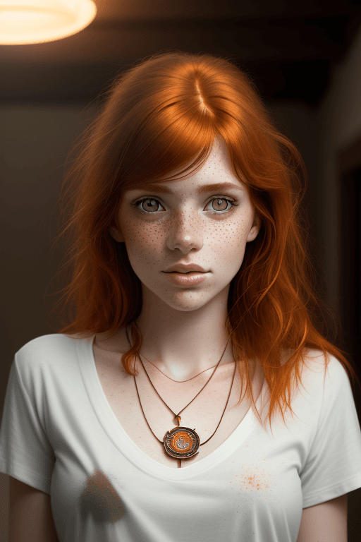 AI generated: portrait of beautiful girl, caucasian, auburn hair, freckles, tshirt, necklace, professional lightin...