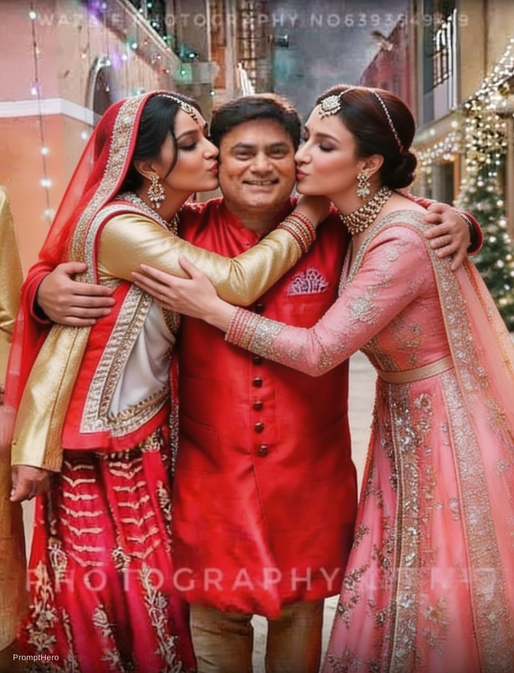 AI generated: Generate a beautiful image of them kissing in the location all three embracing the love and body of ...