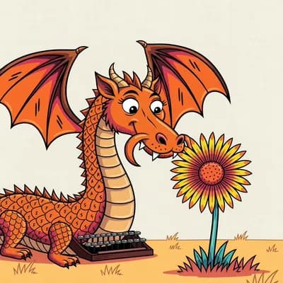 AI generated video: using the images create A whimsical cartoon image of an animated dragon sniffing a dandelion, depict...