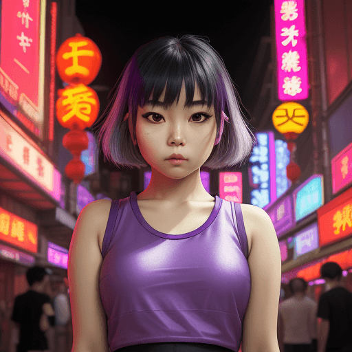 AI generated: a Asian girl in a purple top in a neon city, in the style of chinapunk, iconic album covers, soft-fo...