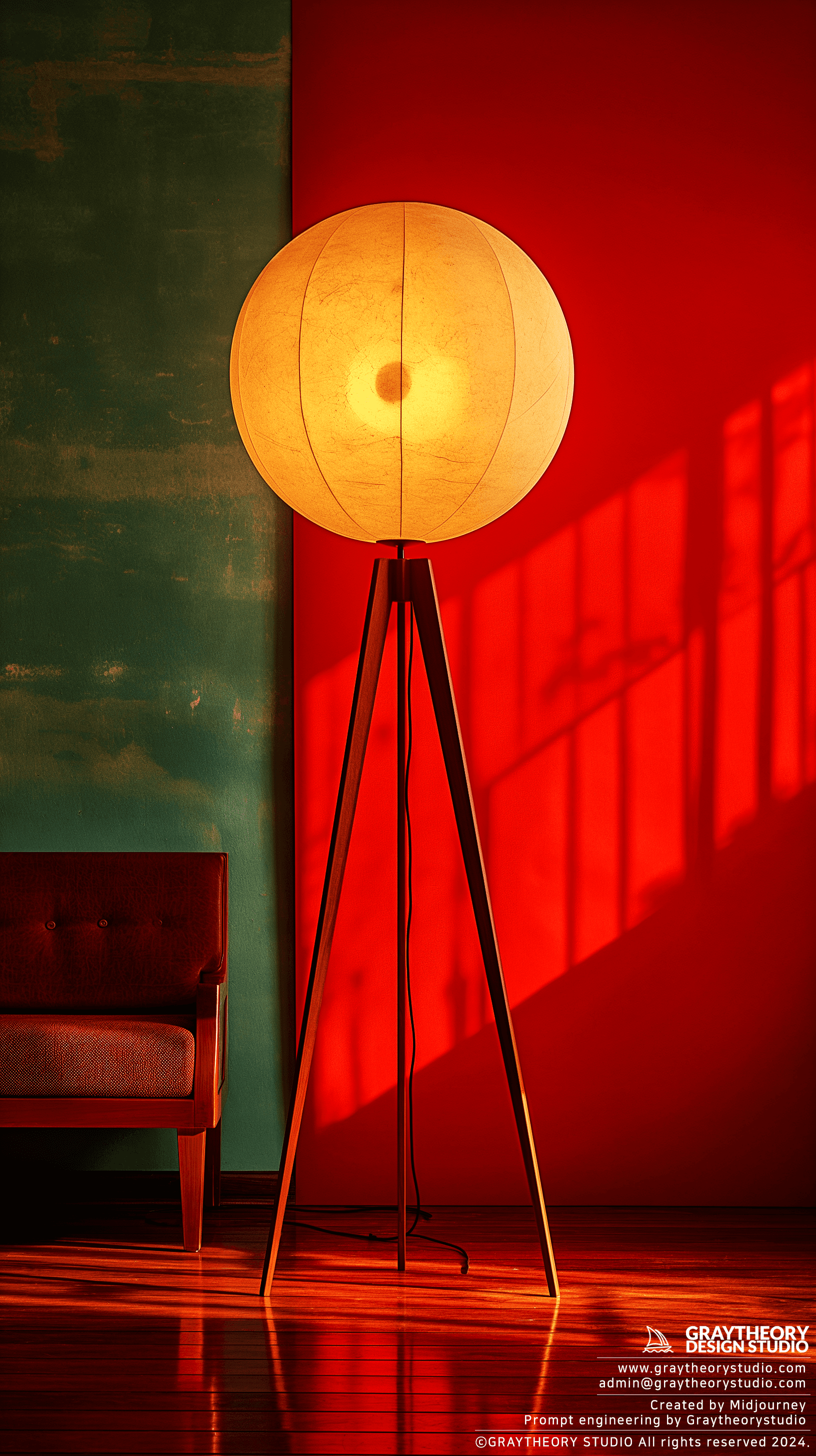 AI generated: Mid-century stand lighting, cyclorama in a photo studio, full shot, a Leica Q2 with a 28mm f/1.7, re...